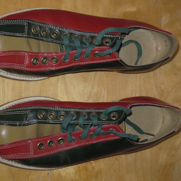 Vintage Men's 50s Size 6.5 Brunswick Bowling Shoes Red Green Leather Lace-Up USA - Picture 2 of 4